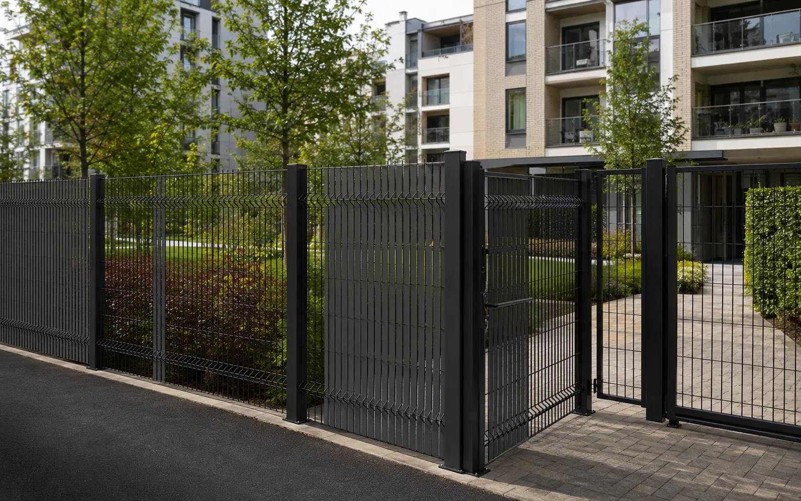 3D fence with private slat panels and gates around a residential community