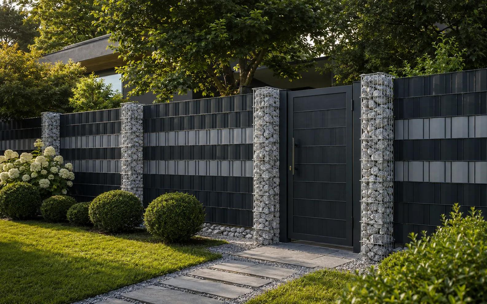 Private fence with welded gabion pillars and a residential gate