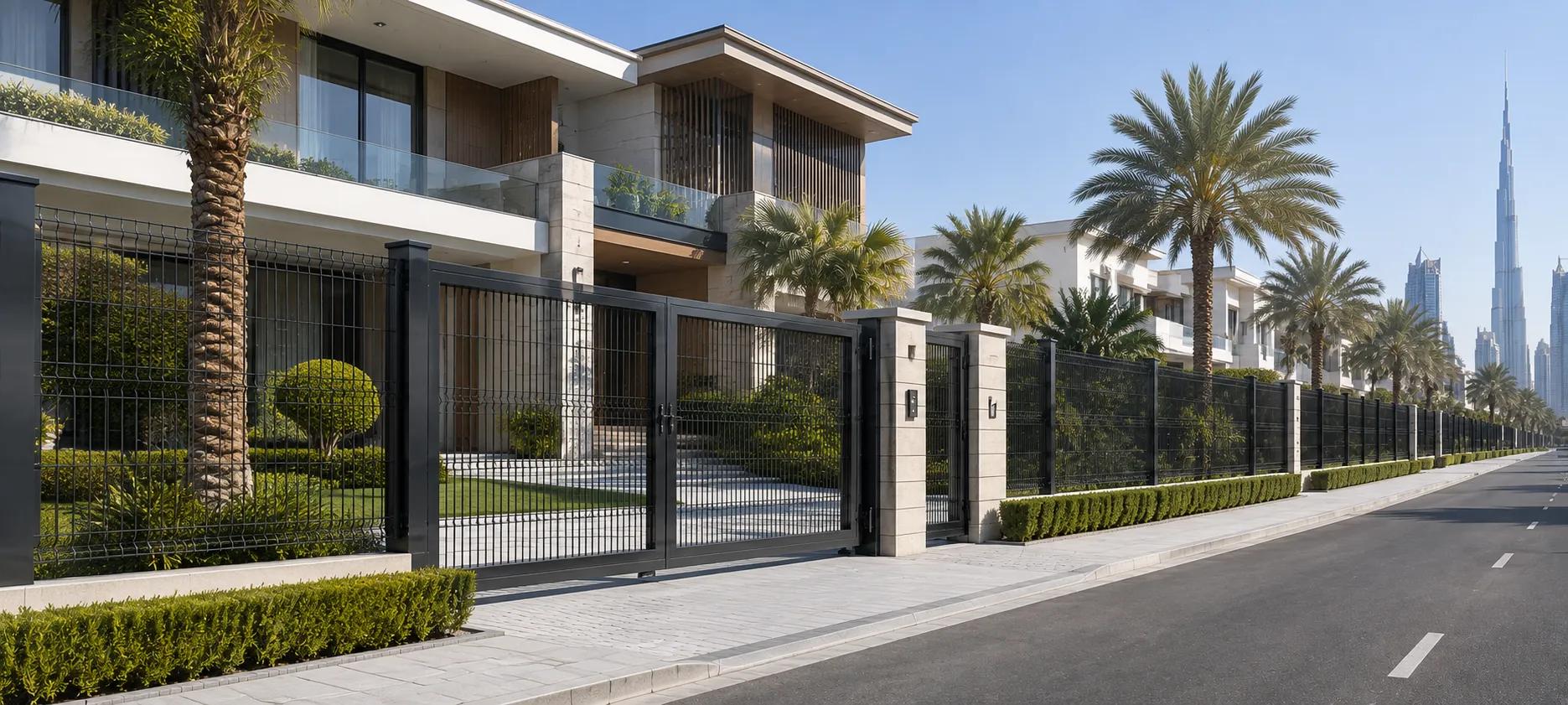 Luxury Dubai villas protected by a dark welded mesh fence