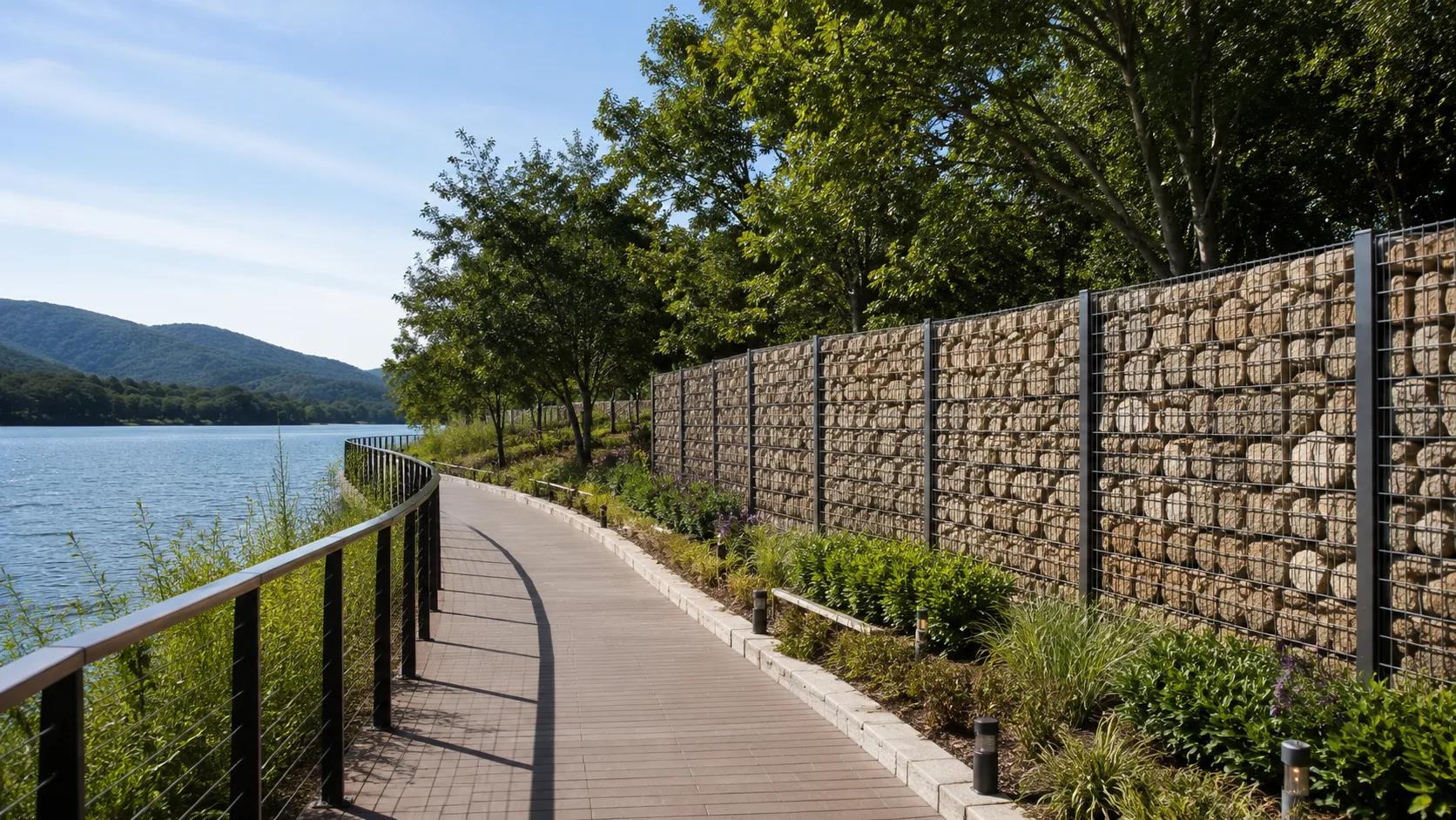 Welded gabion wall beside a lakeside path