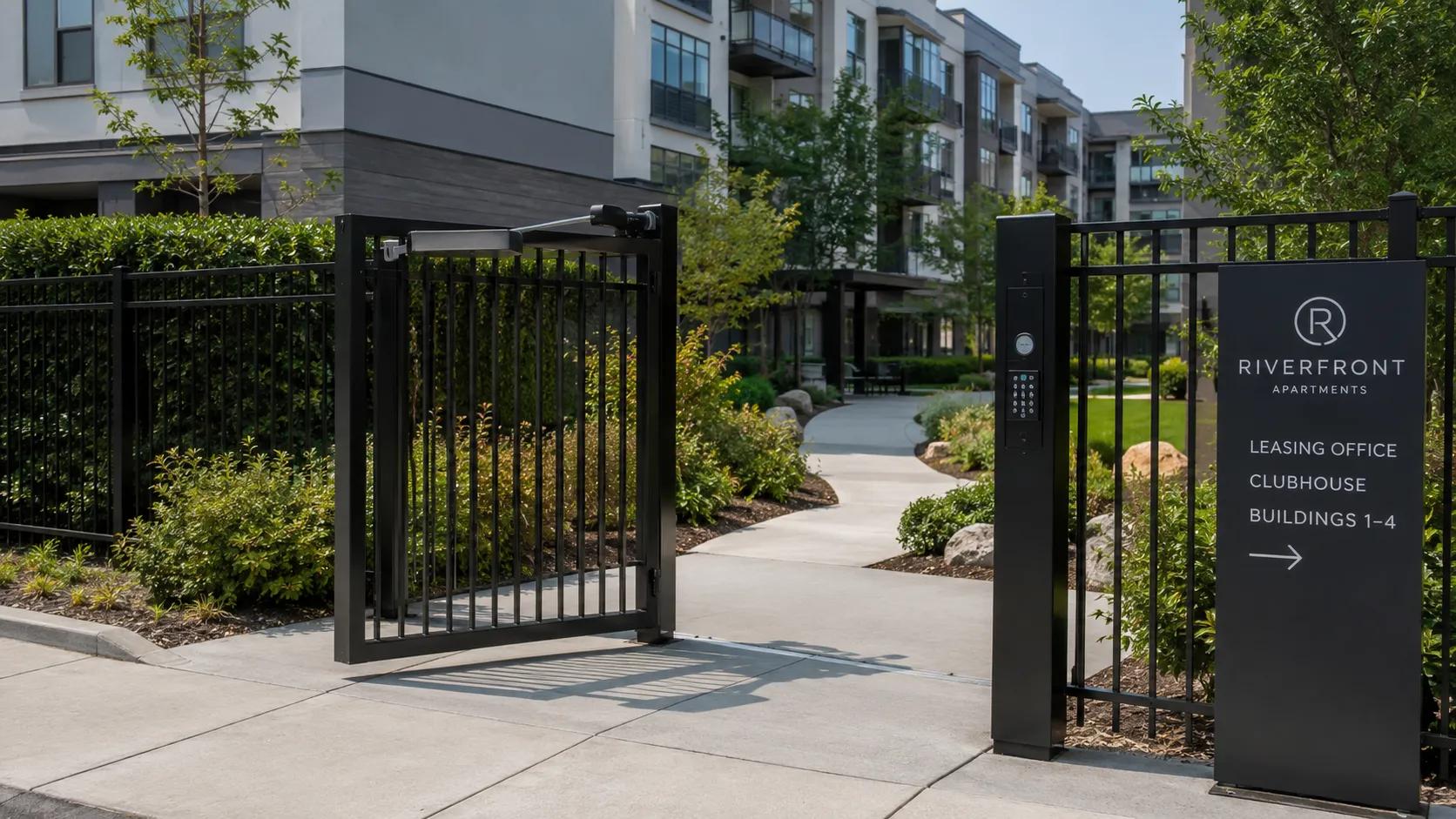 Single swing gate at a landscaped residential community entrance