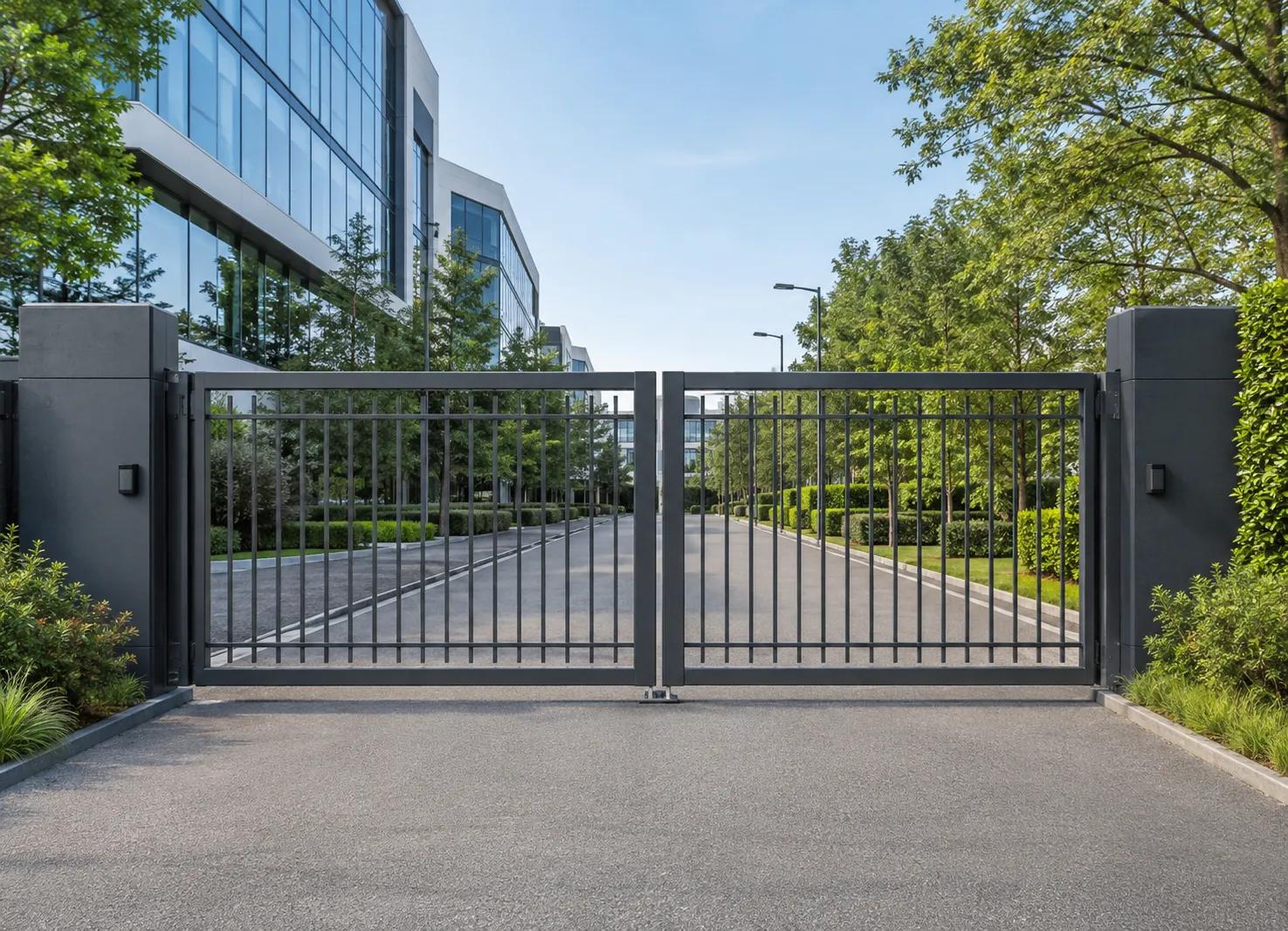 Double swing gate opening onto a palm-lined residential street