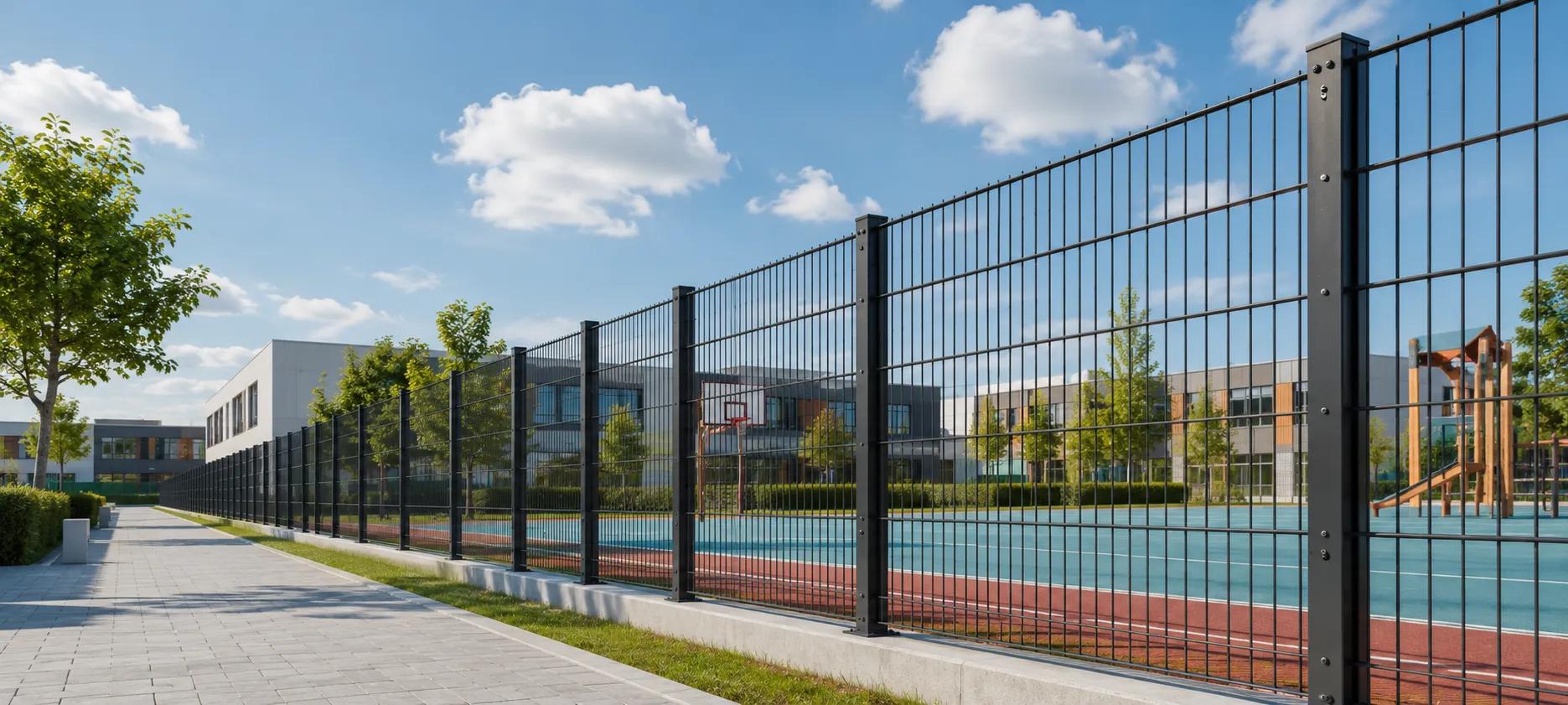 Welded mesh fence around a school playground