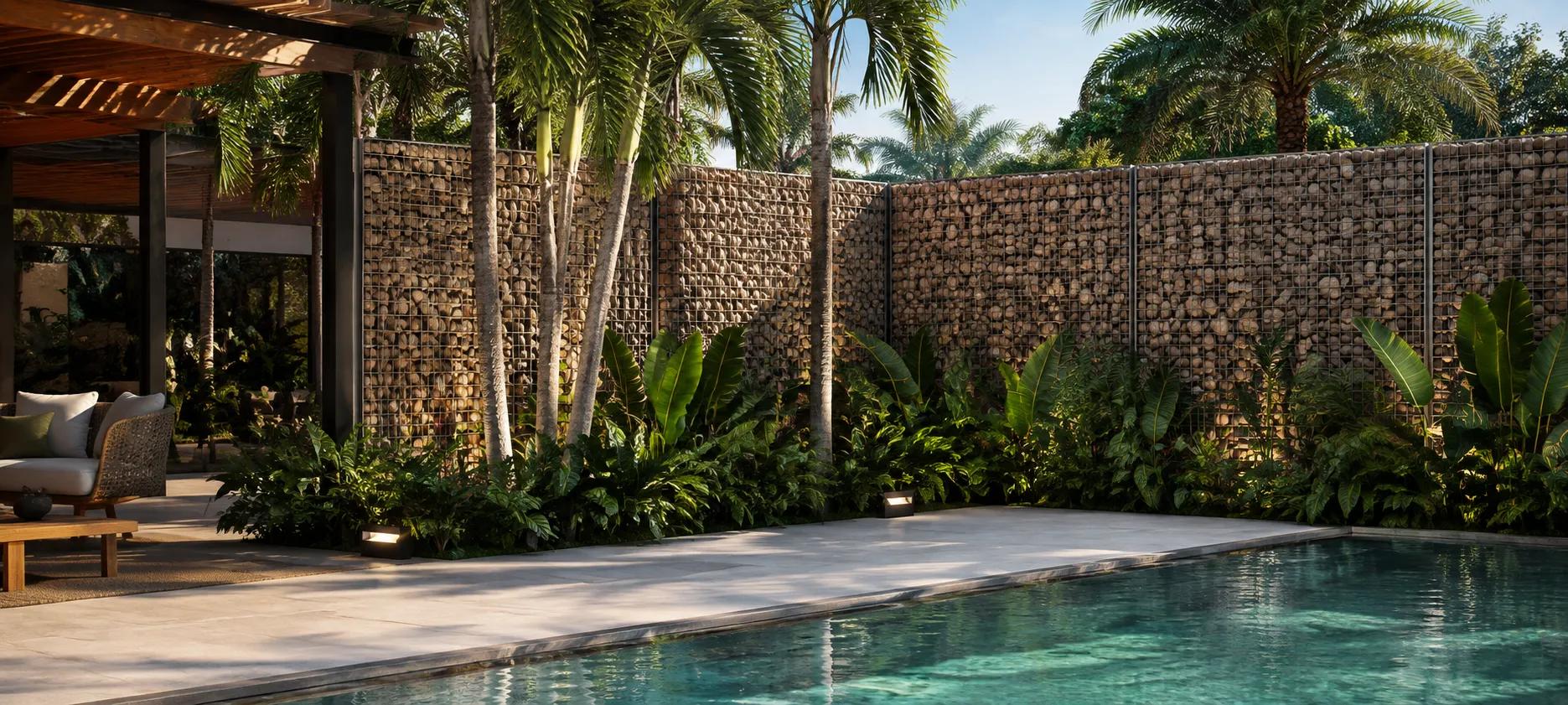 Welded gabion wall integrated into a tropical garden