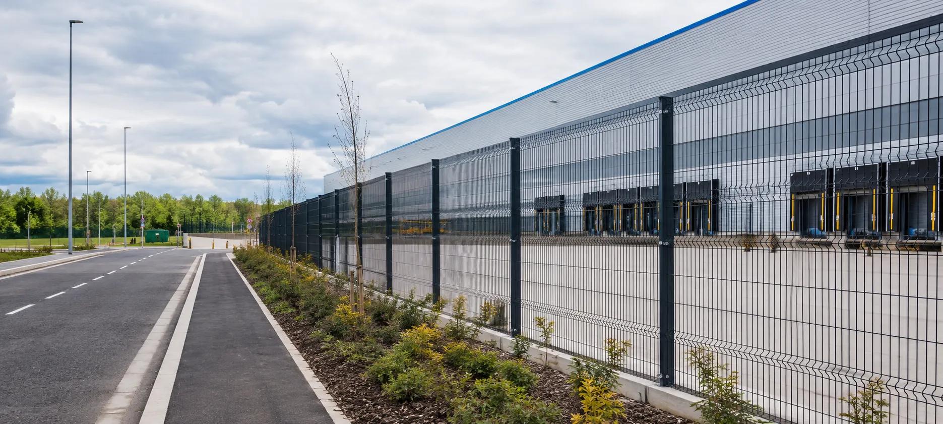 3D panel fence running around a modern industrial park